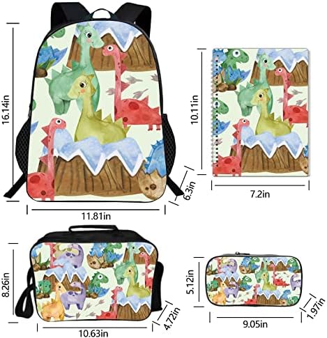 Mochila de 4 PCs Backpack com lancheira e mochilas de dinossauros casuais de garrafa de água para estudantes meninos