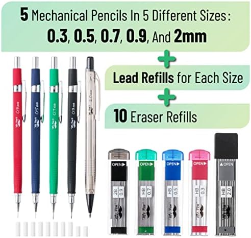 Sr. Pen Lápis mecânicos conjunto com recargas de chumbo e borracha, 5 tamanhos - 0,3, 0,5, 0,7, 0,9 e 2 milímetros,