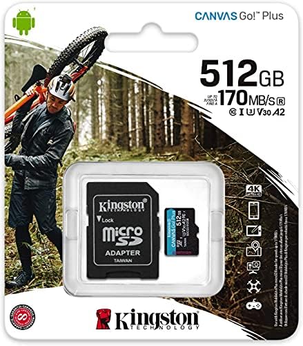 Kingston 512GB Canvas Go Plus MicroSD Memory Card With Adapter Works com GoPro Hero 10 Classe 10, pacote