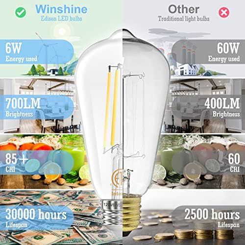 Bulbos de Edison LED vintage, lâmpadas WinShine Bulbos 60 watts Equivalente 5000k Daylight, E26 Base padrão