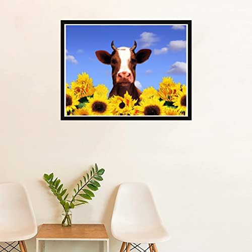 Skryuie 5d Diamond Pintura de girassol Cow Tinta de perfuração completa com arte de diamante, flores e gado por