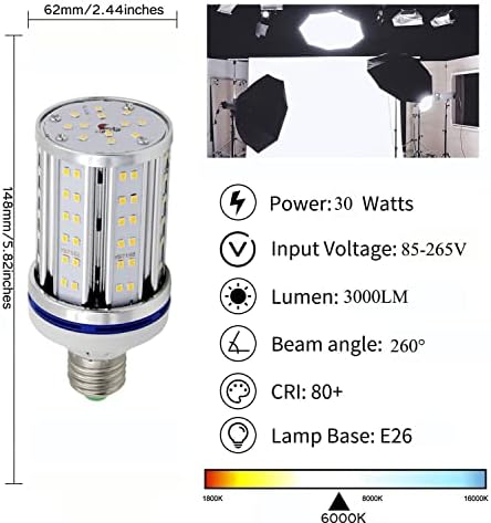 Lâmpada de milho LED de 30W e26 300W Luz do dia 6000k, AC85-265V, não-minúsculo para iluminação