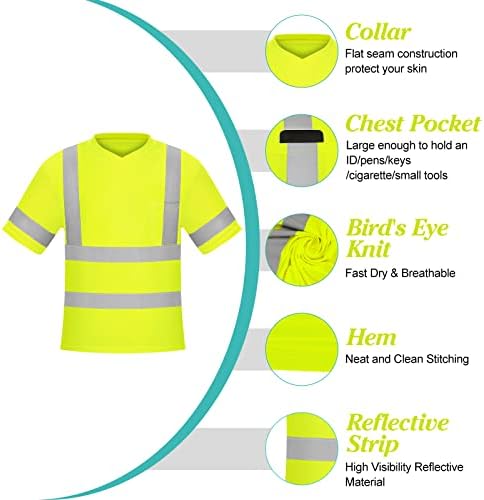 Camisas de construção reflexivas de decote em V Joyyangfang Classe 3 para homens com bolso, amarelo e laranja fluorescentes