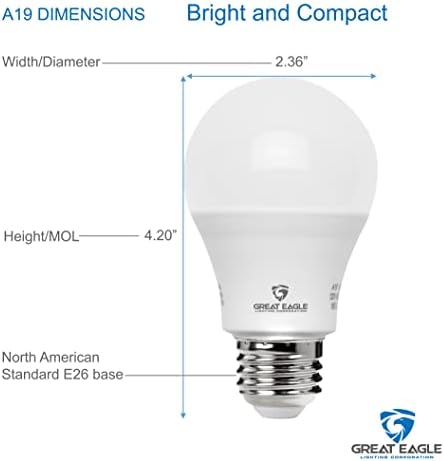 Great Eagle Lighting Corporation A19 Lâmpada LED, lâmpadas equivalentes de 60w, luz do dia 9W 5000k,