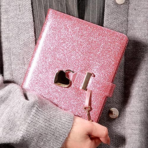 Diário de trava espumante com chave para meninas Glitter Cover Notebook em forma de coração Presente de bloqueio