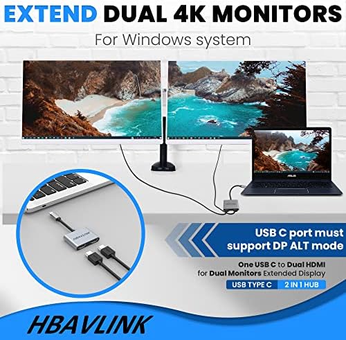 Hbavlink USB C para o adaptador HDMI duplo para laptop Windows + USB 3.0 para adaptador HDMI duplo para