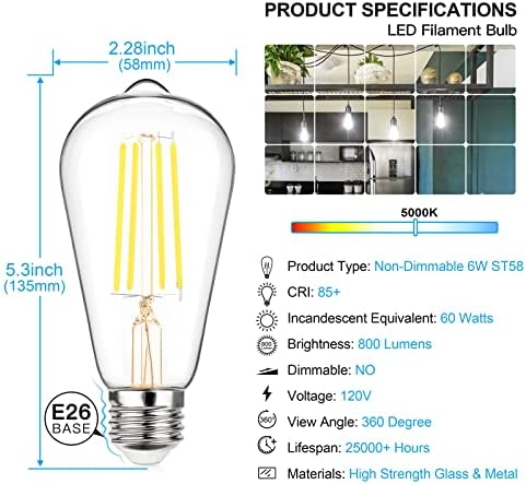 Maxvolador LED vintage Edison Bulbo 60W Equivalente 800 lúmens, lâmpadas de filamento de LED de