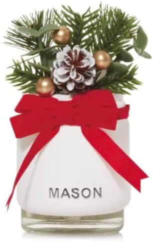 YC Holiday Bouquet Mason Jar Scentplug difusor com arco vermelho, pinecone, vegetação e ornamentos