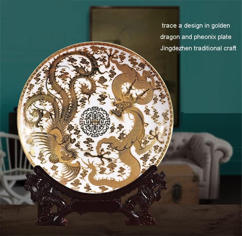 Czdyuf Art Cerâmica Placa Ornamental Dragões Golden Placa de Decoração de Placa de Madeira Base
