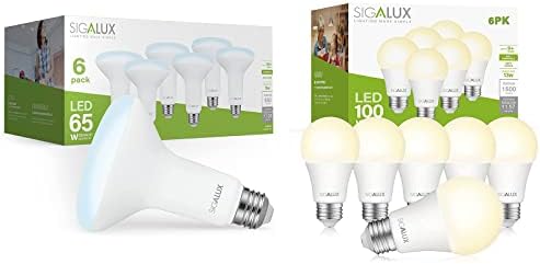 Luzes de inundação de Sigalux LED Indoor, BR30 LED Bulbo 65W 5000k 6pack e A19 100 watts 2700k lâmpadas brancas
