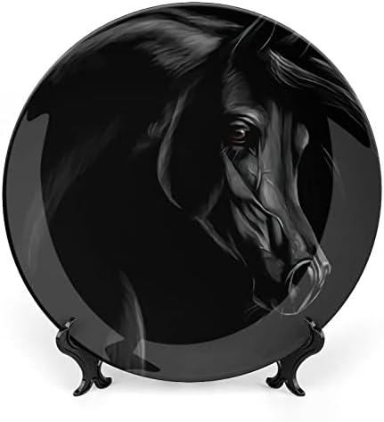 Placa decorativa de cavalos de cavalo arábico preto prato de cerâmica redondo placa de porcela