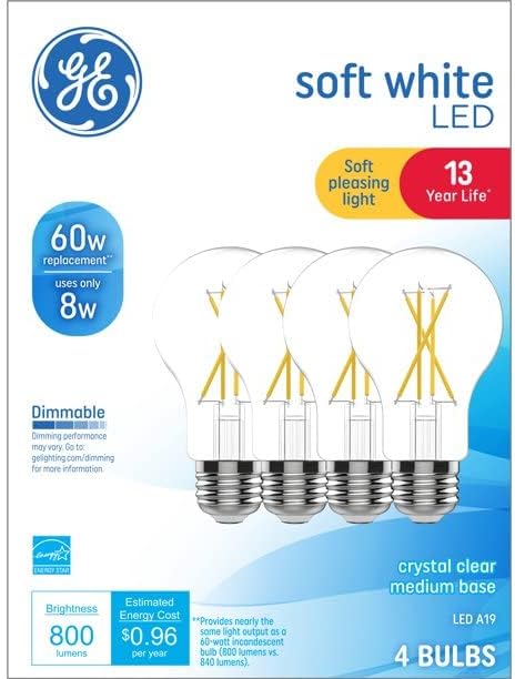 GE A19 Lâmpada LED de uso geral clara e limpo, substituição de 60w, branco macio, 4-pacote