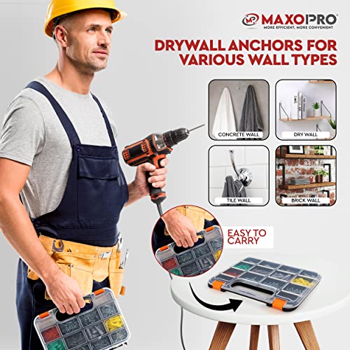 Kit de âncoras e parafusos de drywall maxopro-370 pcs kit de âncoras de parede seca plástica-âncoras de parede