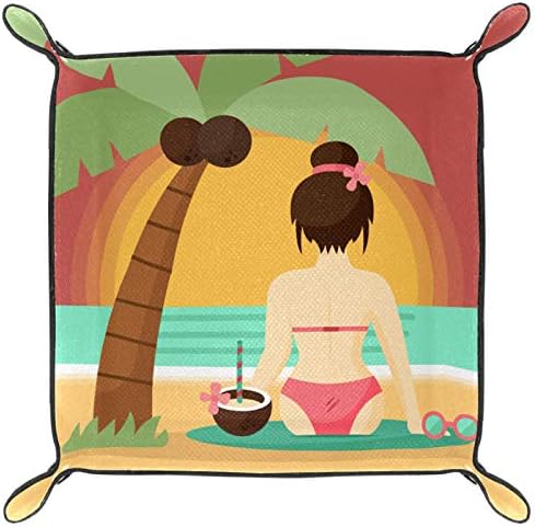 Jogos dobráveis ​​de rolagem Bandejas de jóias quadradas de couro e relógio, chave, moeda, caixa de armazenamento de doces Coconut Tree and Swimsuit Girl