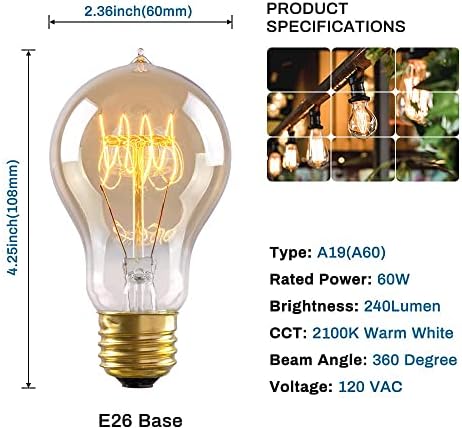 Lâmpada Edison 6-Pack Edison 60W, lâmpadas incandescentes vintage A19, Dimmable, E26, 2100K Warm White, 240